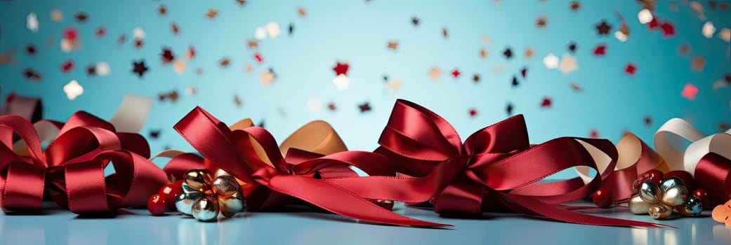 A bright red ribbon on a pale blue background, symbolizing a holiday, festive mood, joy and celebration.