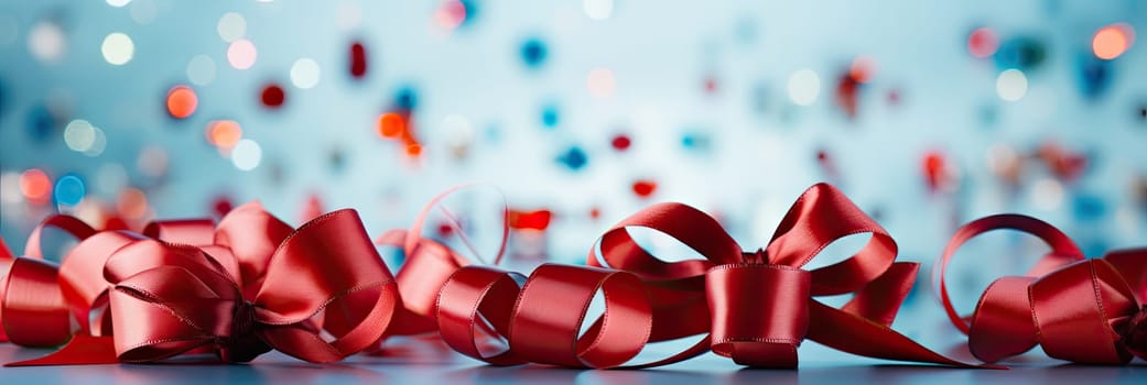 A bright red ribbon on a pale blue background, symbolizing a holiday, festive mood, joy and celebration.