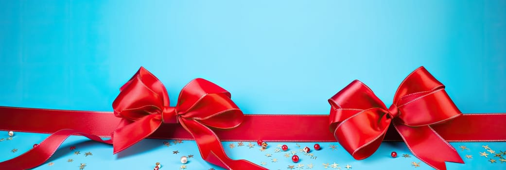 A bright red ribbon on a pale blue background, symbolizing a holiday, festive mood, joy and celebration.