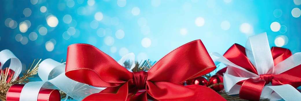 A bright red ribbon on a pale blue background, symbolizing a holiday, festive mood, joy and celebration.