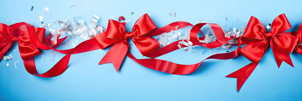 A delicate blue background decorated with a red ribbon, designed to give a festive mood and a special charm to any celebration.