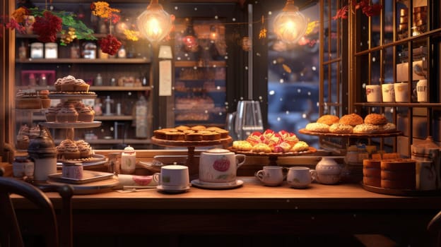 Cozy cafe corner with aromatic coffee and desserts AI