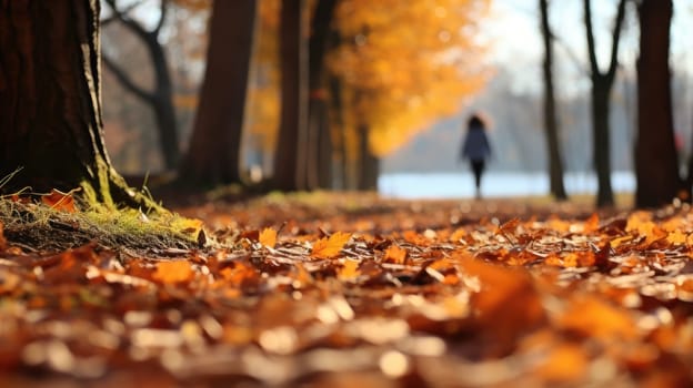 Walk in the autumn park. Colorful leaves rustling underfoot AI