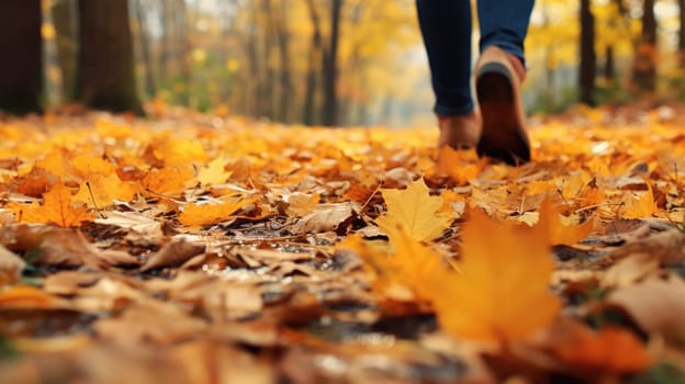 Walk in the autumn park. Colorful leaves rustling underfoot AI