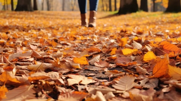 Walk in the autumn park. Colorful leaves rustling underfoot AI