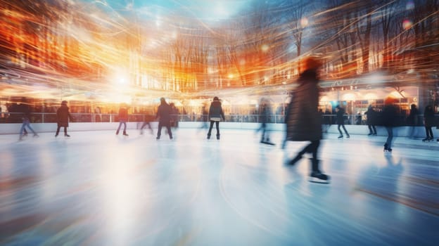 Ice skating rink in winter. Happy moments spent together AI Blurred background