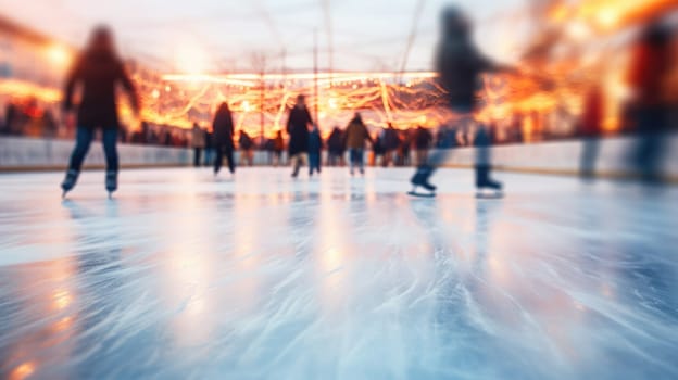 Ice skating rink in winter. Happy moments spent together AI Blurred background