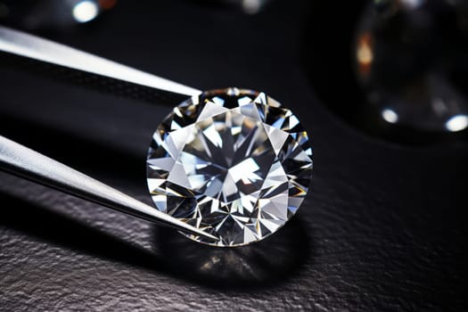Brilliant-cut diamond held with tweezers on a dark background