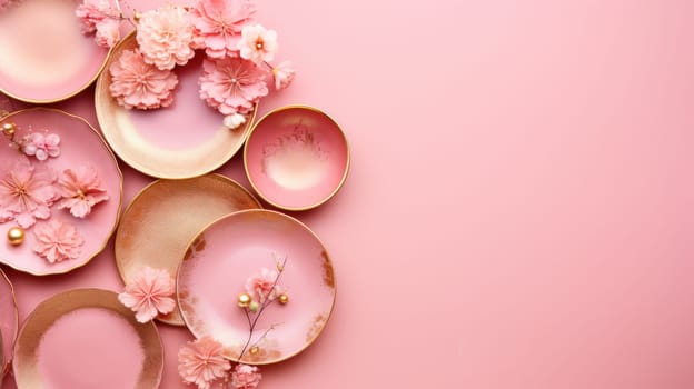 Pink and gold plate, flowers and cutlery on a pink background. View from above. Flat layer AI