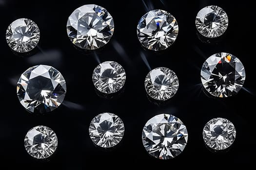 Diamonds gems of different cuts and sizes on black background