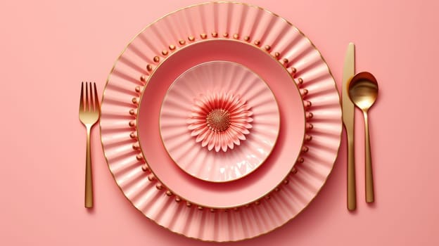 Pink and gold dishes on a pink background. View from above. Flat layer AI