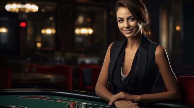 Smiling woman dealer at an empty poker table. AI