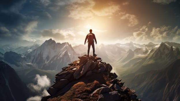Traveler conquering the top of the mountain AI