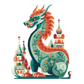Illustration of a Chinese dragon with floral bright patterns on a white background. AI