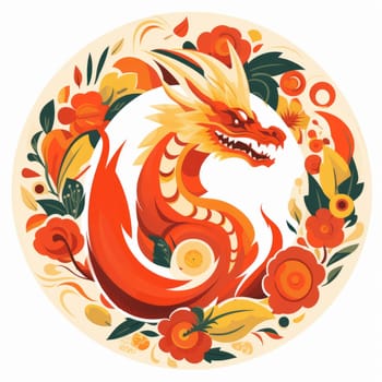 Illustration of a Chinese dragon with floral bright patterns on a white background. AI