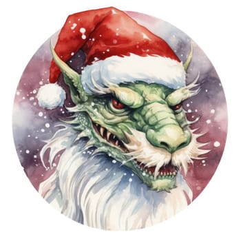 Illustration of a watercolor Chinese dragon wearing a santa hat on a white background. AI