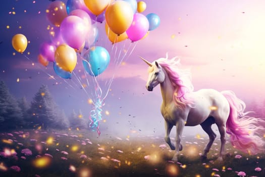 Poster or birthday card with unicorn, balloons and candles in bright colors. Birthday card