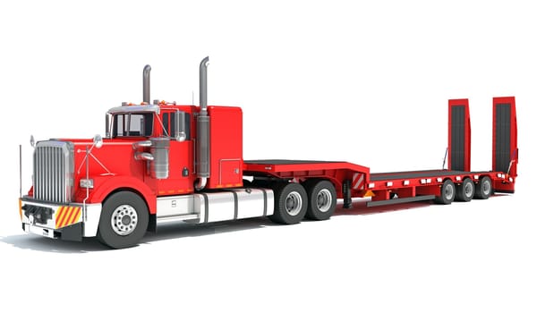 Truck with flatbed trailer 3D rendering model on white background