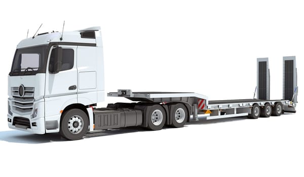 Truck with flatbed trailer 3D rendering model on white background