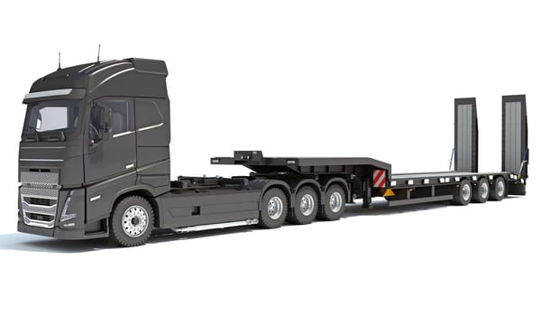 Truck with flatbed trailer 3D rendering model on white background