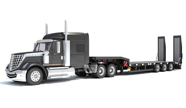 Truck with flatbed trailer 3D rendering model on white background