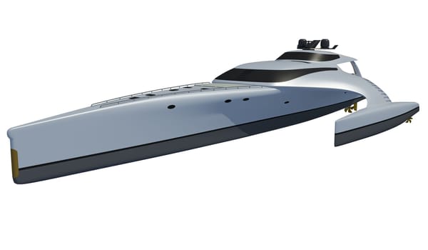 Luxury motor yacht 3D rendering model on white background