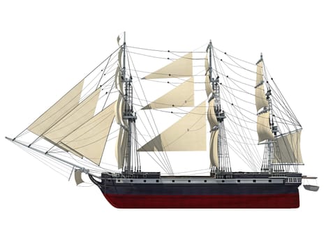 Sailing Ship 3D rendering model on white background