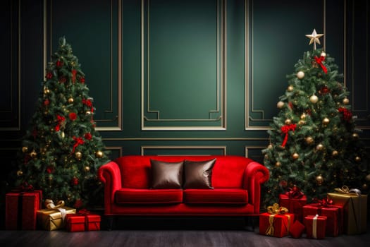 Christmas background with Christmas tree, gifts and sofa against a wall with empty space. Mock up. Christmas card