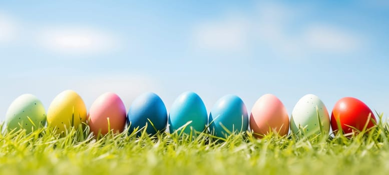 Easter banner with colorful painted eggs in row on green grass, copy space.