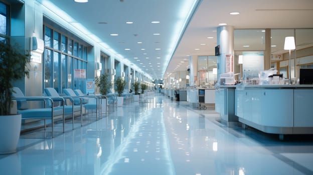 Empty modern hospital corridor, clinic hallway interior background with chairs for patients waiting for doctor visit. Contemporary waiting room in medical office. Healthcare services concept.