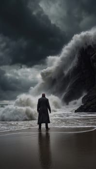 Male figure in front of a stormy ocean. AI generated