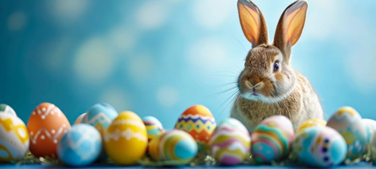 Easter banner with colorful painted eggs and a little bunny rabbit on a blue background with copy space. Happy Easter greeting card.