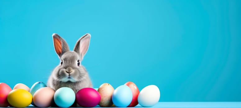 Easter banner with colorful painted eggs and a little bunny rabbit on a blue background with copy space. Happy Easter greeting card.
