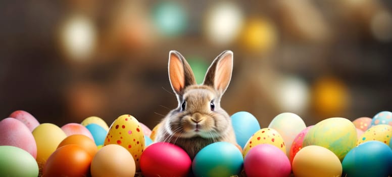 Easter cute bunny sitting among many colored eggs, holiday banner or greeting card with copy space