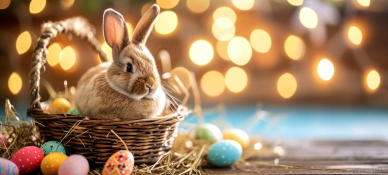 Cute young Easter bunny in a wicker basket with dyed eggs on a wooden table. Easter banner with copy space