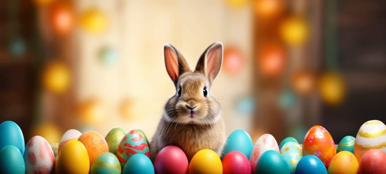 Easter cute bunny sitting among many colored eggs, holiday banner or greeting card with copy space