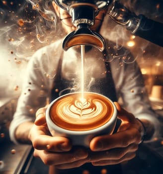 make latte art golden cappuccino at bar expert barista splashing cream fantasy illustration render art generated