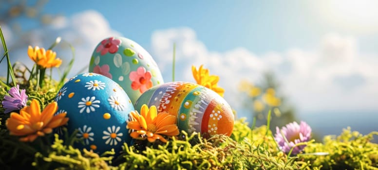 Happy Easter. Decorated Easter eggs on green grass on a sunny spring day. Easter banner with copy space