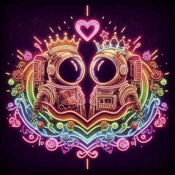 steampunk bee king and queen in love neon sign valentines illustration concept rusty background generative ai art
