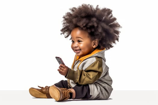 A stylish happy little African American baby is sitting on a white background and hold a smartphone.