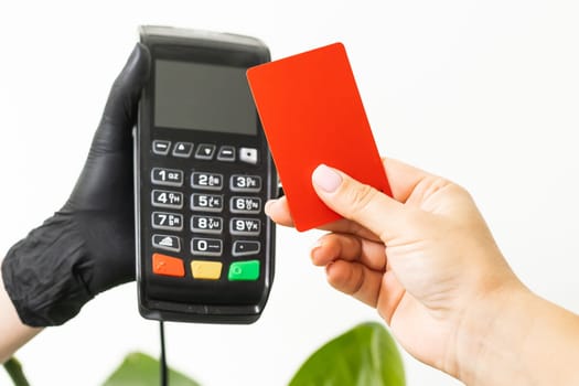Pay money credit card for spending money with Payment machine. Copy space and empty place for advertising text mock up.