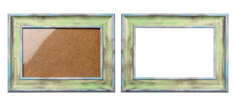 Wooden frame with scuffs for photographs and paintings on an isolated background