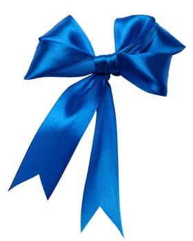 Tied bow made of blue silk ribbon on an isolated background, decor for a gift