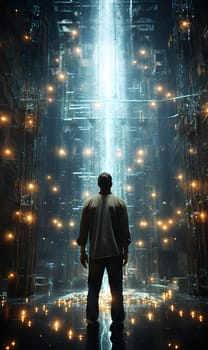 A man standing in a futuristic space with orange glowing spheres - generative AI