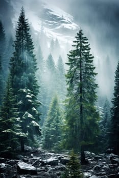 A foggy forest with trees and mountains in the background - generative AI