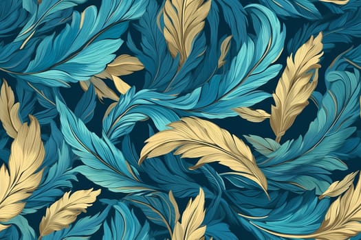 Elegant Blue and Gold Feather Pattern on dark blue background with mix of gold and blue design