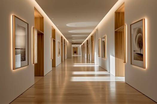 Modern classic hallway hospital with wooden doors and framed artwork on walls, illuminated by soft, warm lighting.