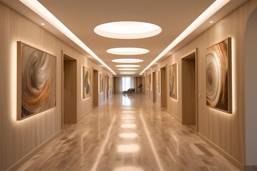 Modern classic hallway hospital with wooden doors and framed artwork on walls, illuminated by soft, warm lighting.