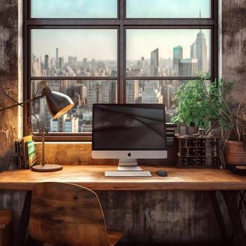 Modern office workspace with computer on wooden desk, indoor plants, and new york city view through large windows. grunge wall