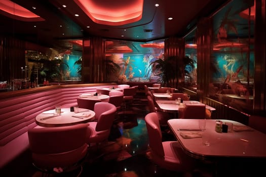 Elegant restaurant interior with modern lighting and stylish decor with pink and red colors